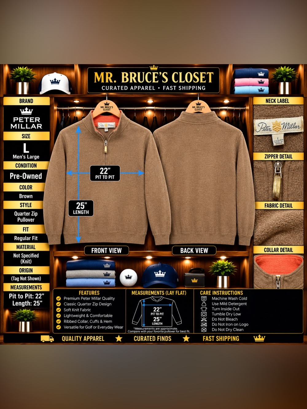 Peter Millar Brown Half-Zip Pullover Sweater